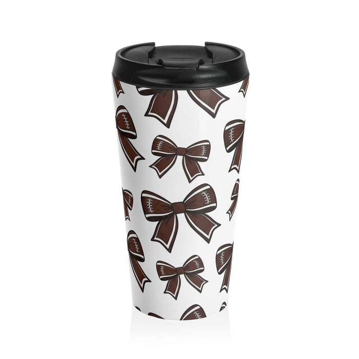 Football Bow Pattern Stainless Steel Travel Mug — Sports Ribbon Design