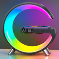 G Shape LED Lamp Bluetooth Speaker with colorful LED light and clock display, stylish design for modern interiors.