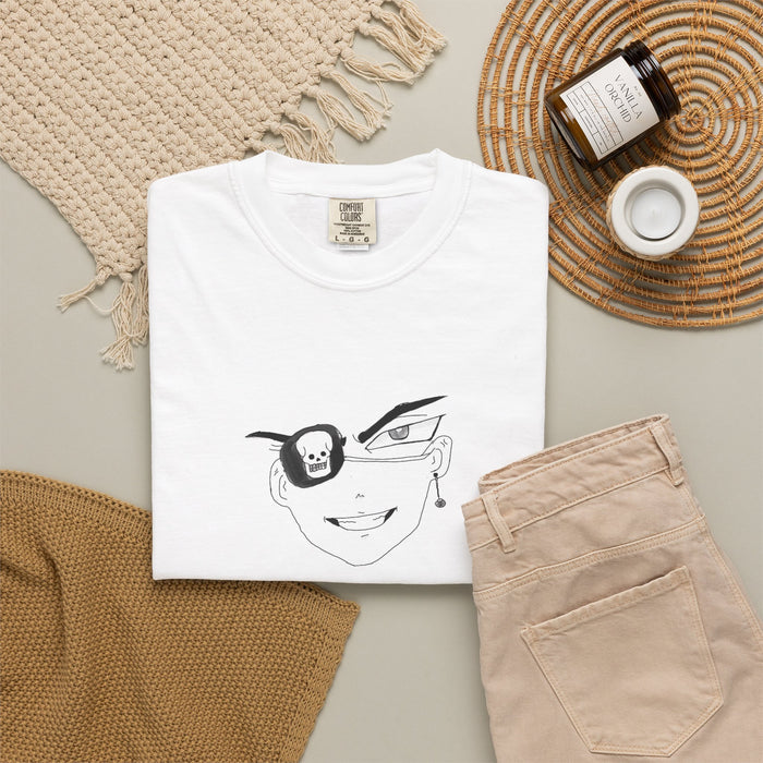 Graphic T‑Shirt — Minimal Anime Face with Eyepatch Illustration