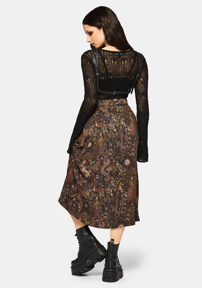 Haunt Medieval Print Buckle Midi Skirt