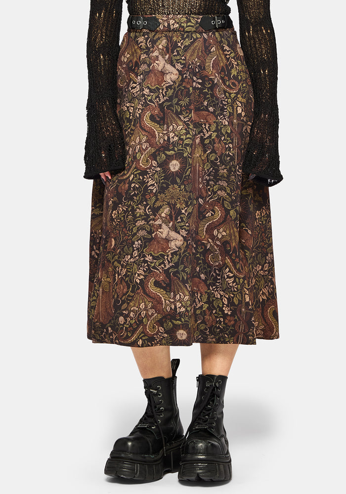 Haunt Medieval Print Buckle Midi Skirt