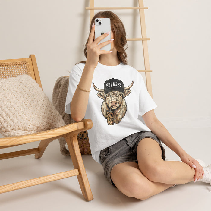 Highland Cow Wearing 'Hot Mess' Cap T-Shirt | Cute Cow Illustration, Leopard Scarf