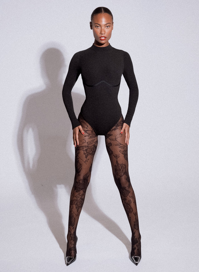 Hourglass Rib Mockneck Long Sleeve Bodysuit-black