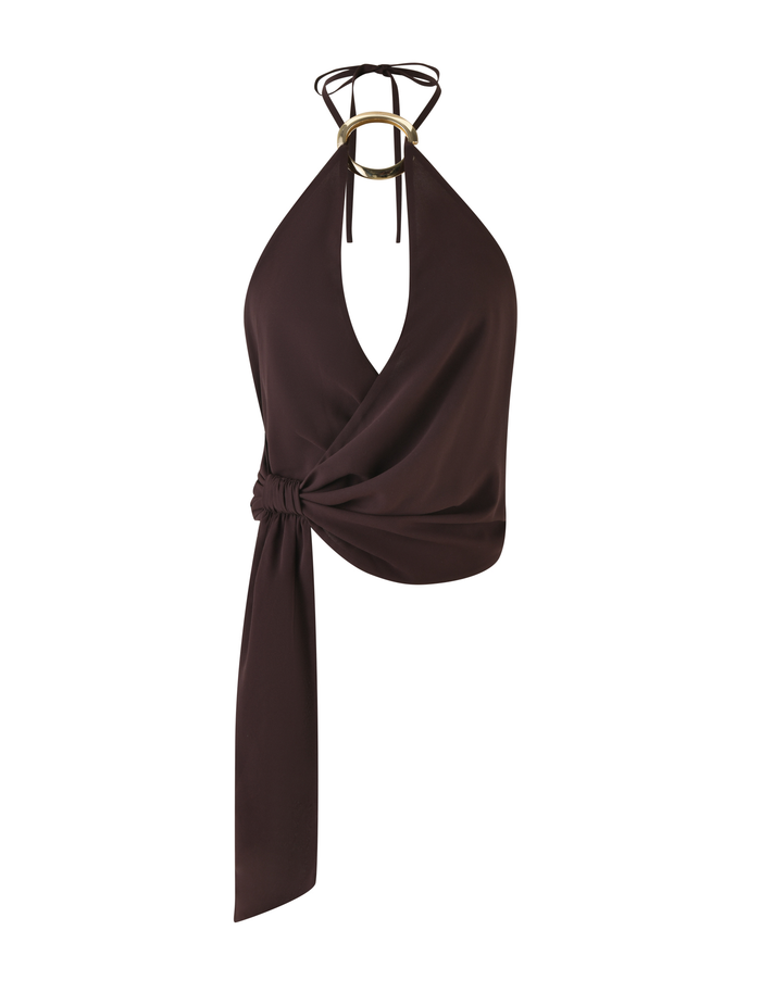 The INDIGO TOP - BROWN: CHOCOLATE by TIGERMIST is a sleeveless halter neck chiffon top featuring a deep V-neck, large ring detail, thin tie straps, and an adjustable long waist tie in a chocolate brown wrap design.