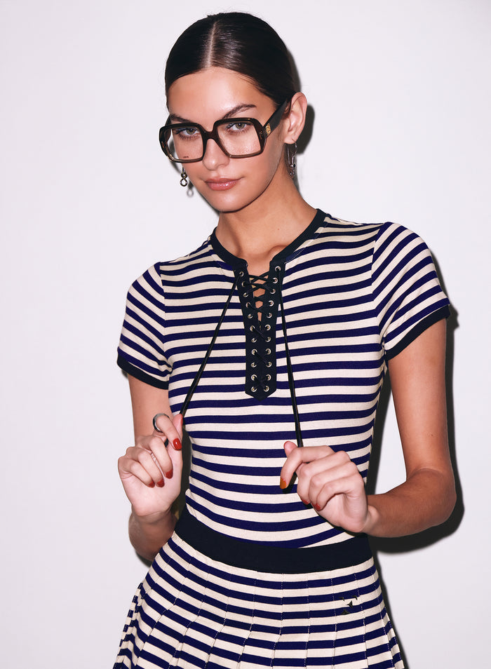 Ivy Ringer Bodysuit-navy sand stripe-Fleur du Mal