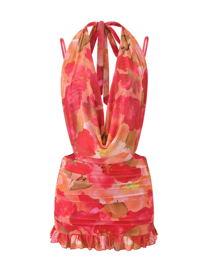 The JOLIE MINI DRESS - DAIQUIRI FLORAL by TIGERMIST is a sleeveless, halter-neck bodycon mini dress with a plunging neckline, ruched skirt, ruffled hem, and a vibrant red, pink, and tan tropical floral print.