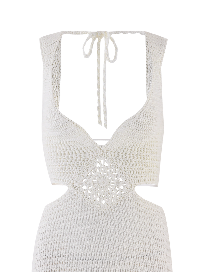 The TIGERMIST JONAH MAXI DRESS in cream is a sleeveless, halter neck tie maxi dress featuring an open back and diamond crochet detail at the waist for a stunning look.
