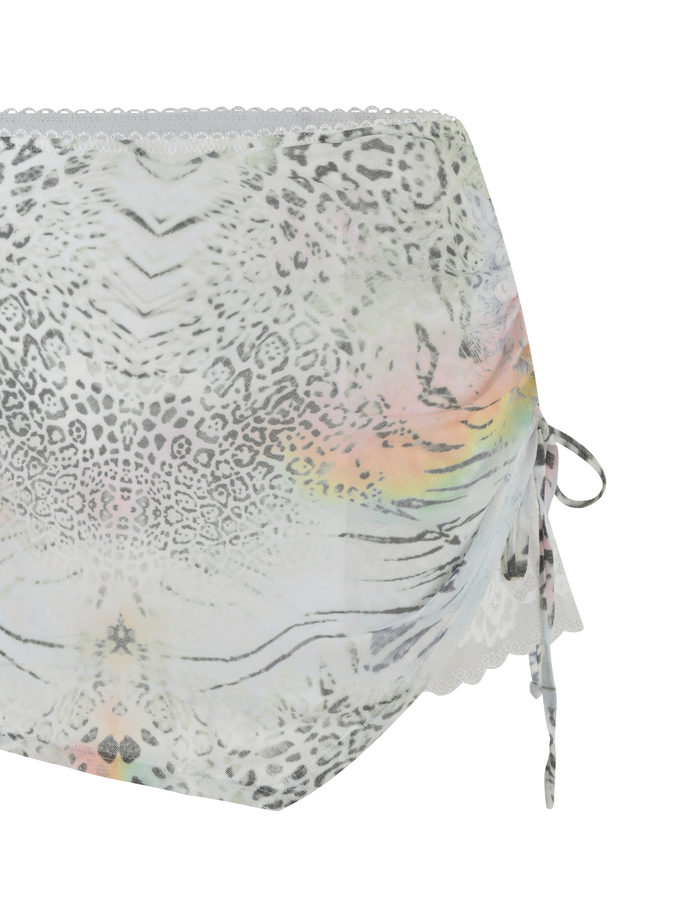 The JOSEPHINE MINI SKIRT by TIGERMIST features a white animal print with gray and pastel accents, plus a ruched side seam and side tie detail for added style.