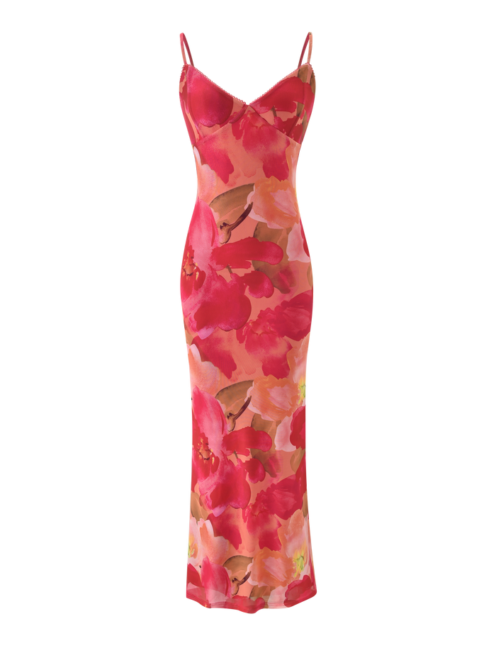 The JULIANNA MAXI DRESS - DAIQUIRI FLORAL by TIGERMIST is a sleeveless, body-hugging maxi with adjustable spaghetti straps, showcasing a vibrant red, pink, yellow, and brown floral print on a light background.
