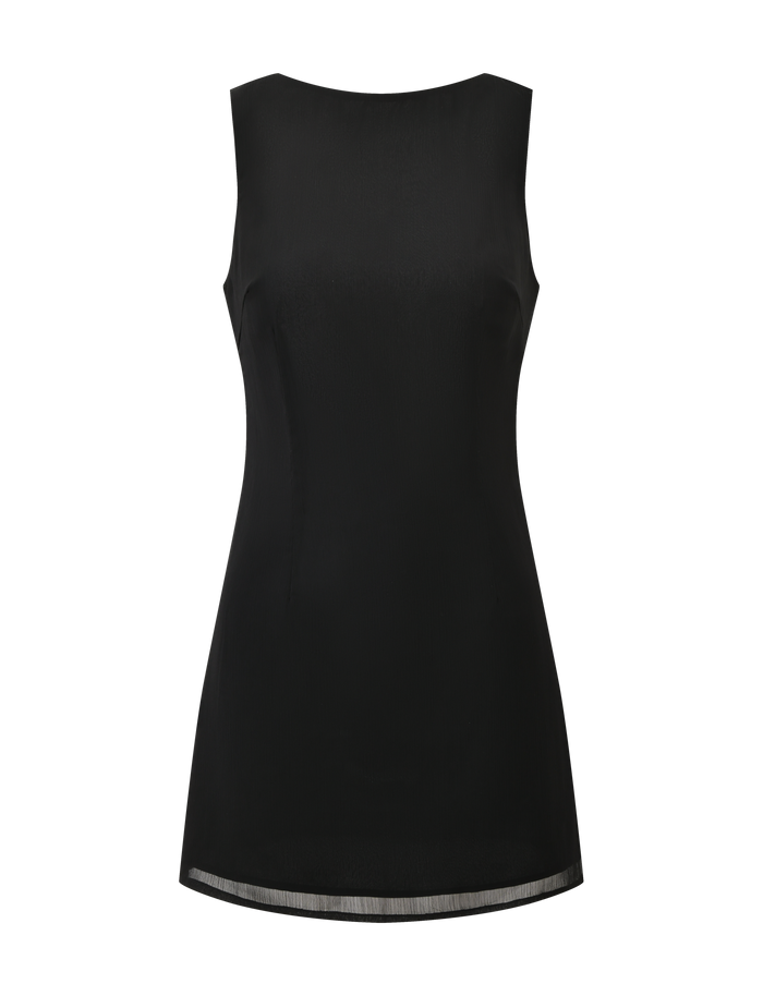 The KAELIE MINI DRESS by TIGERMIST is a sleeveless black mini dress with a fitted silhouette, straight hem, and high round neckline. Made from smooth, lightweight fabric for effortless style.