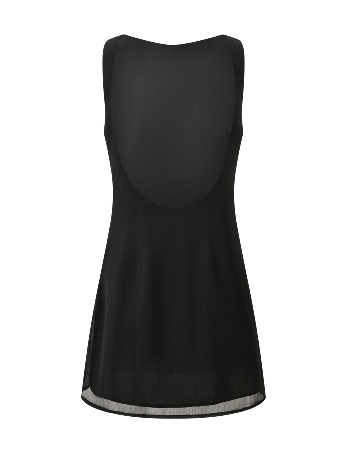 The KAELIE MINI DRESS by TIGERMIST is a sleeveless black tunic with a scoop neckline and flared hem, made from lightweight semi-sheer chiffon for an effortlessly chic style.