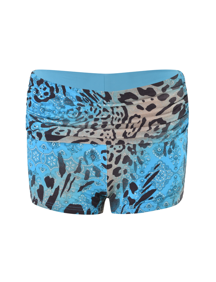 The TIGERMIST KARINA SHORT - MULTI : LEOPARD : LEOPARD SWIRL features blue and tan mini-length women’s shorts with a mixed animal and paisley print, a foldover waistband, and a fitted silhouette, shown on a white background.