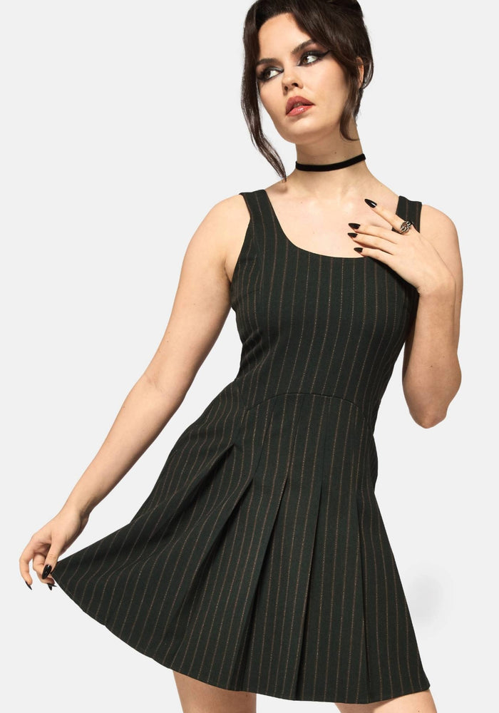 Kera Green Pinstripe Pleated Mini Dress