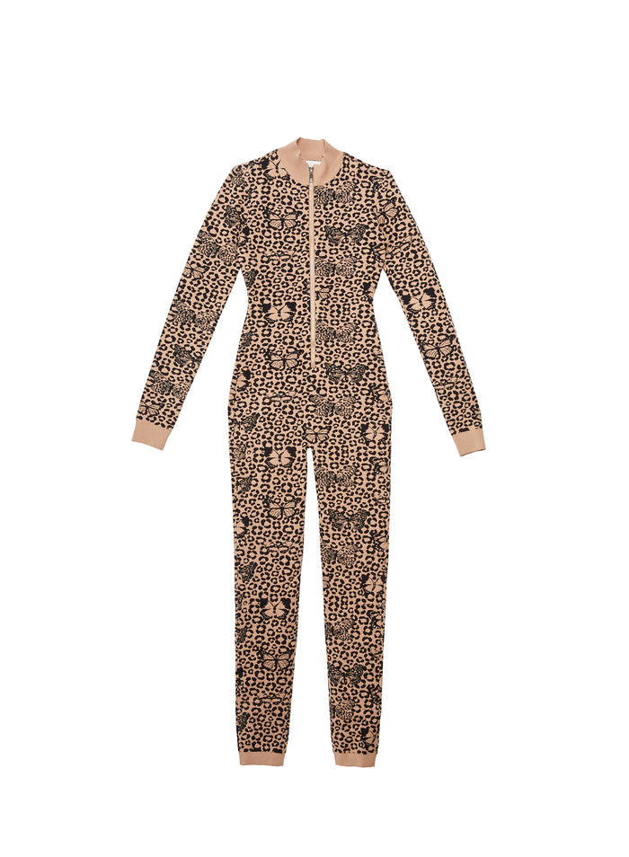 Knit Catsuit-tan butterfly jacquard-flat