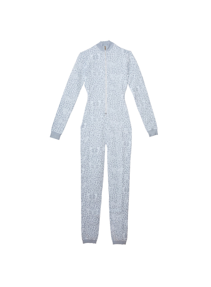 Knit Catsuit-light blue butterfly jacquard-flat