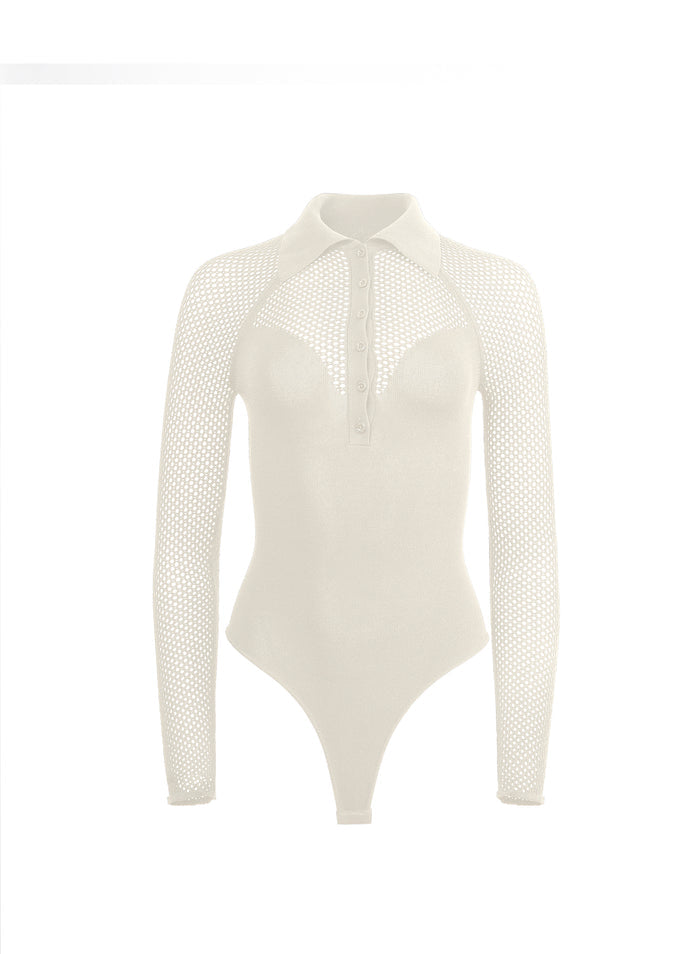 Knit Mesh Collared Bodysuit-ecru-flat