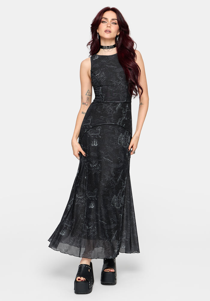 Kosmara Map Print Mesh Midaxi Dress