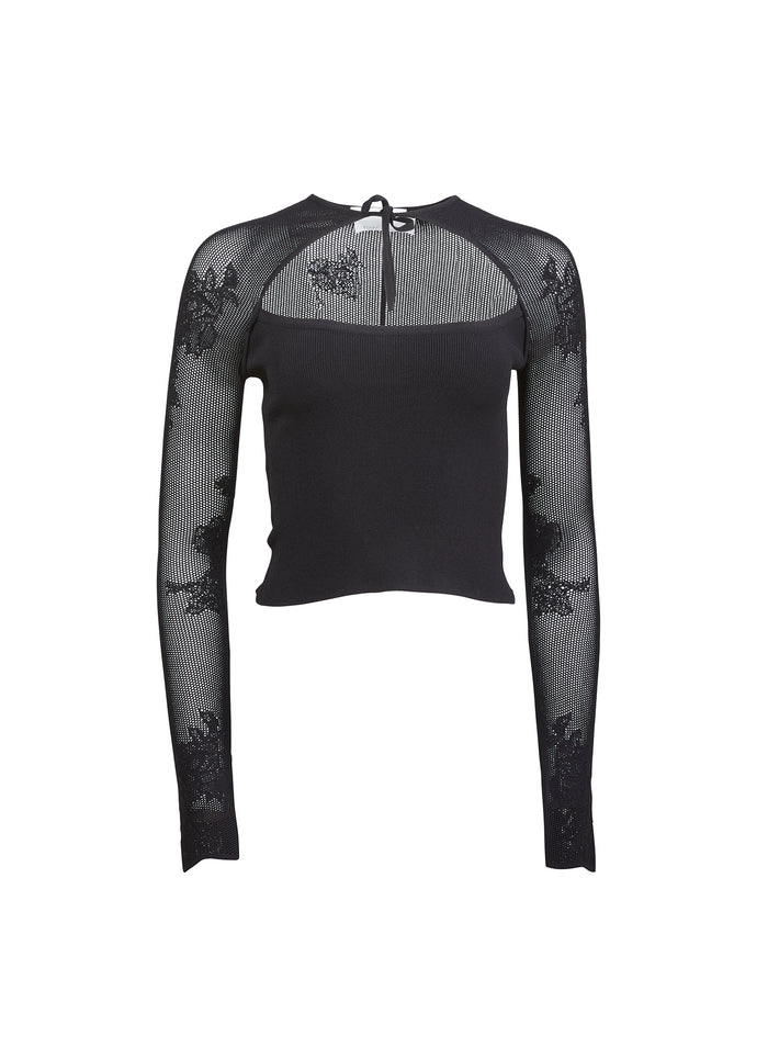 Lace Pointelle Decollété Top-black