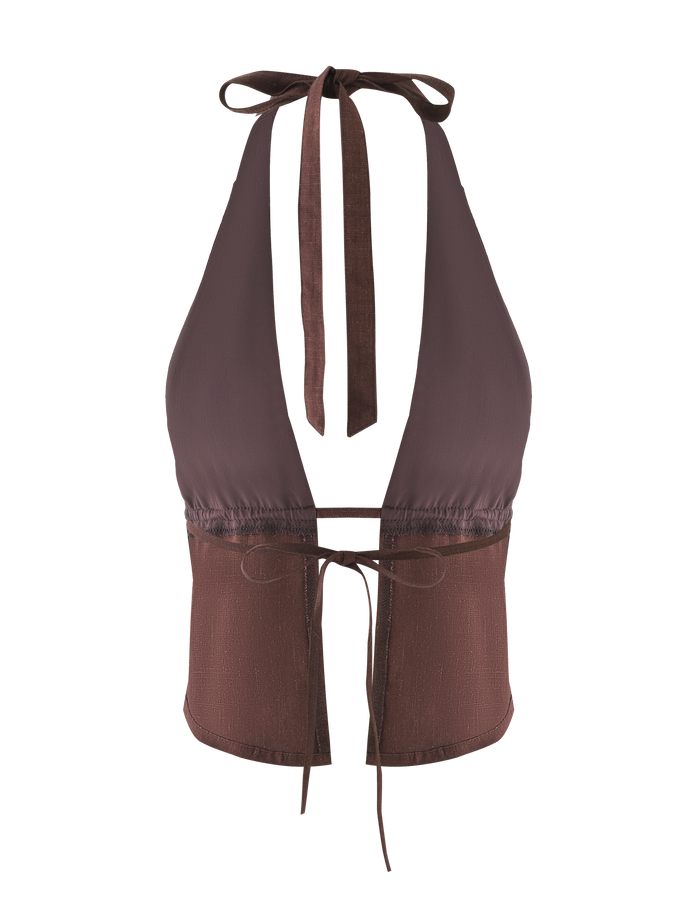 The LAINEY TOP - CHOCOLATE by TIGERMIST is a sleeveless halter top in brown linen, featuring a deep V-neck, neck straps, and a tie-back waist for adjustable fit.