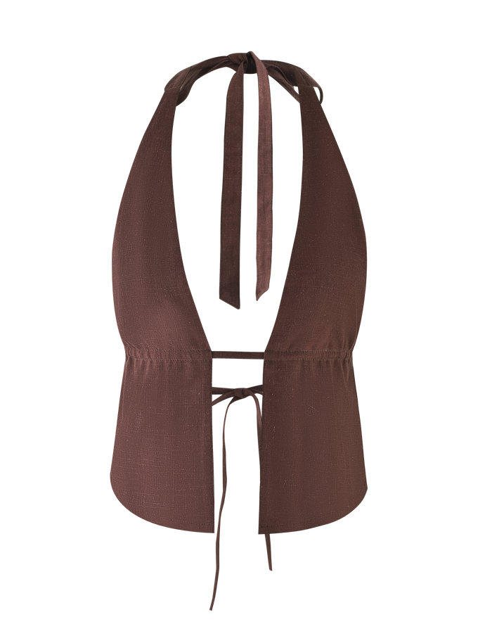 The LAINEY TOP - CHOCOLATE by TIGERMIST is a chocolate brown linen halter with a deep V-neckline, gathered underbust seam, and adjustable neck and back ties for a customizable fit.