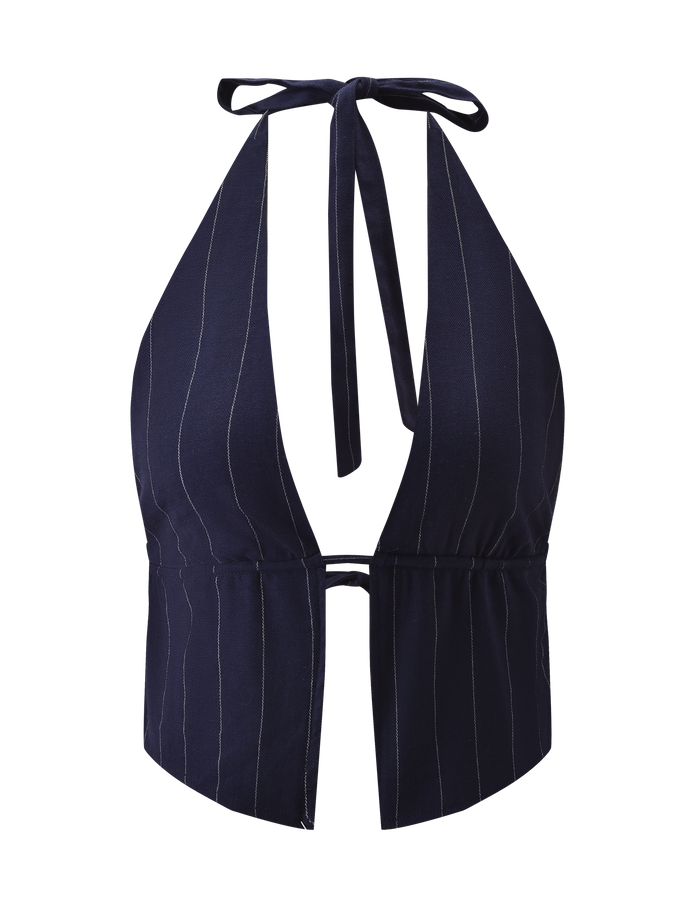 The TIGERMIST LAINEY TOP - NAVY PINSTRIPE is a linen halter featuring thin white pinstripes, an adjustable back tie, deep V neckline, and a small center cutout for a stylish touch.