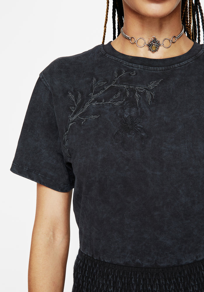 Lamia Spider Embroidered Smock Waist Cotton T-Shirt