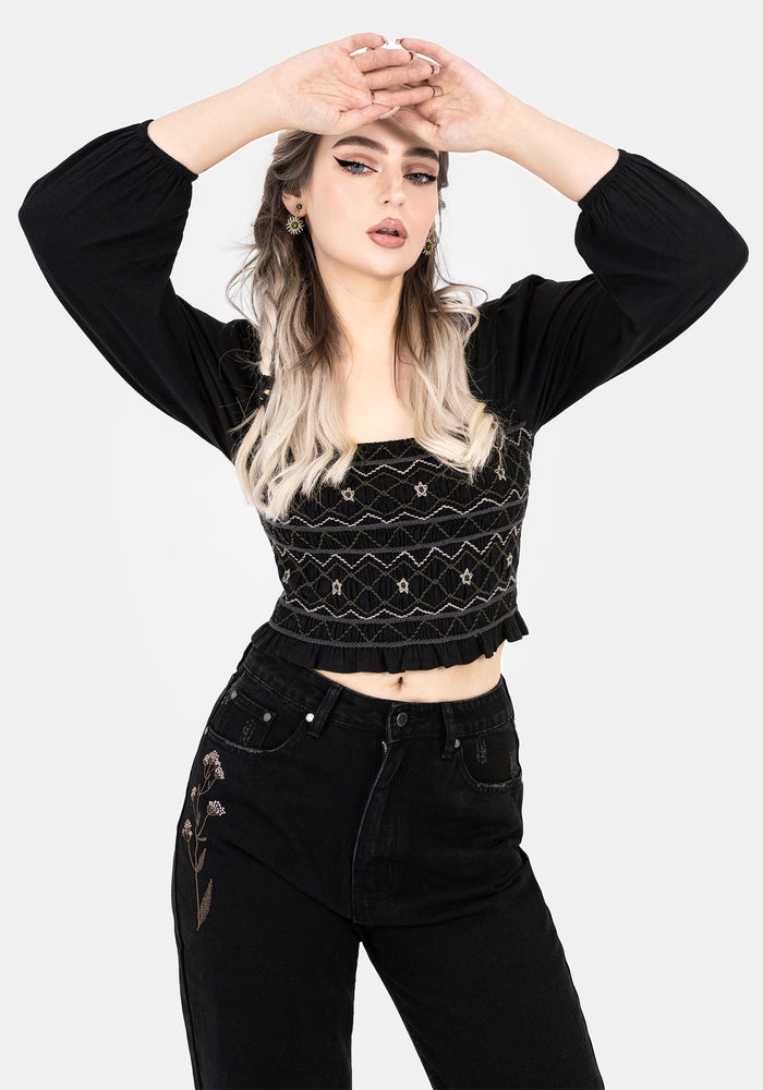 Larissa Hand Embroidered Smocked Puff Sleeve Top