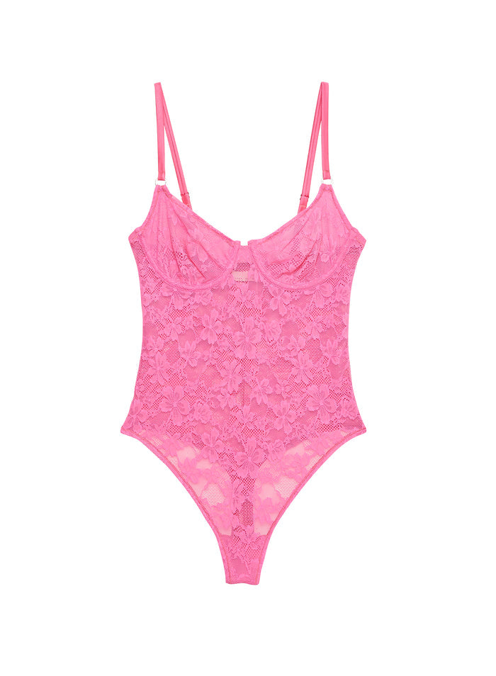 Le Stretch Lace Bodysuit-floral pink