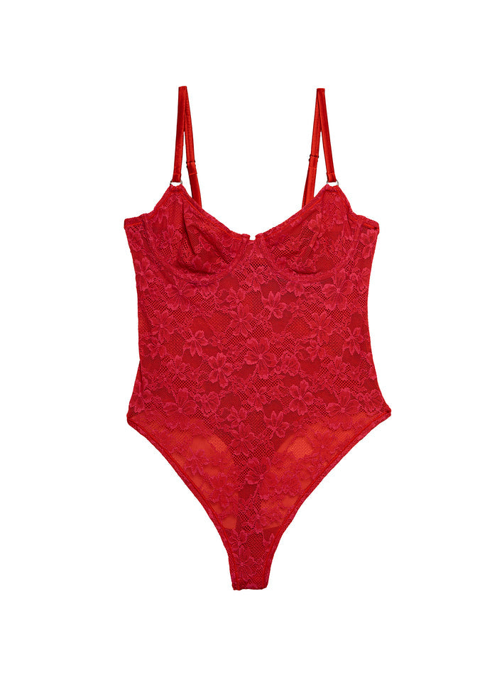 Le Stretch Lace Bodysuit-rouge