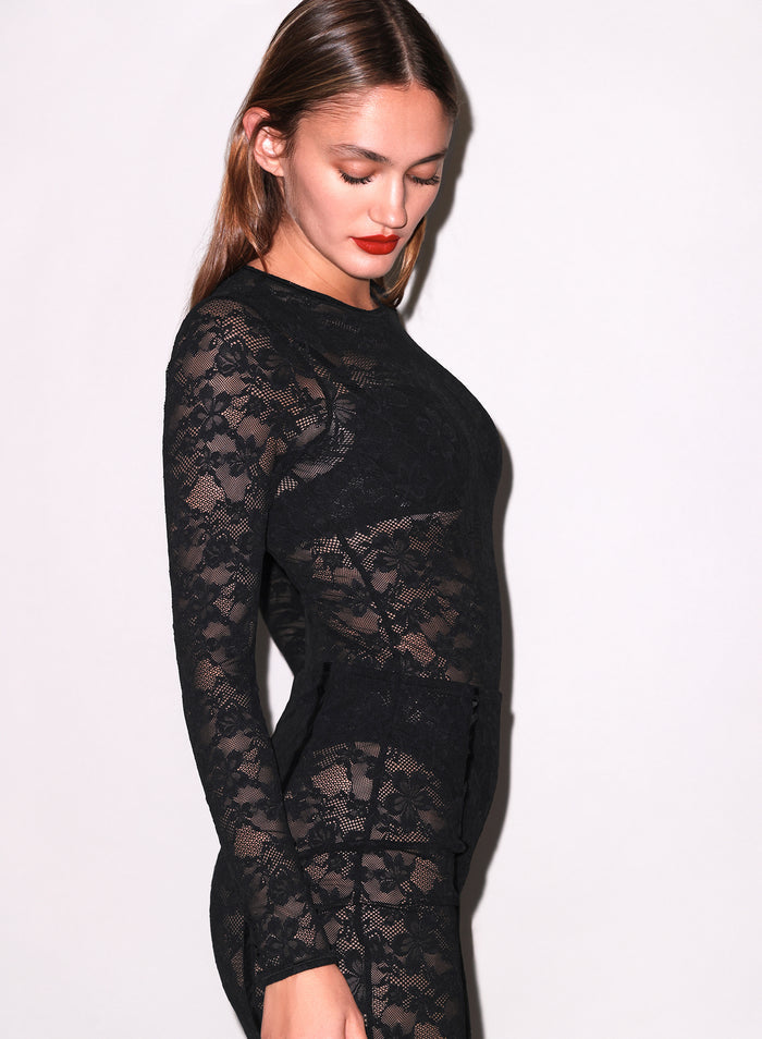 Le Stretch Lace Long Sleeve Bodysuit-black