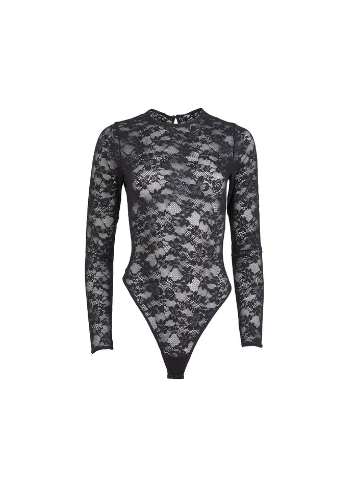 Le Stretch Lace Long Sleeve Bodysuit-black-flat