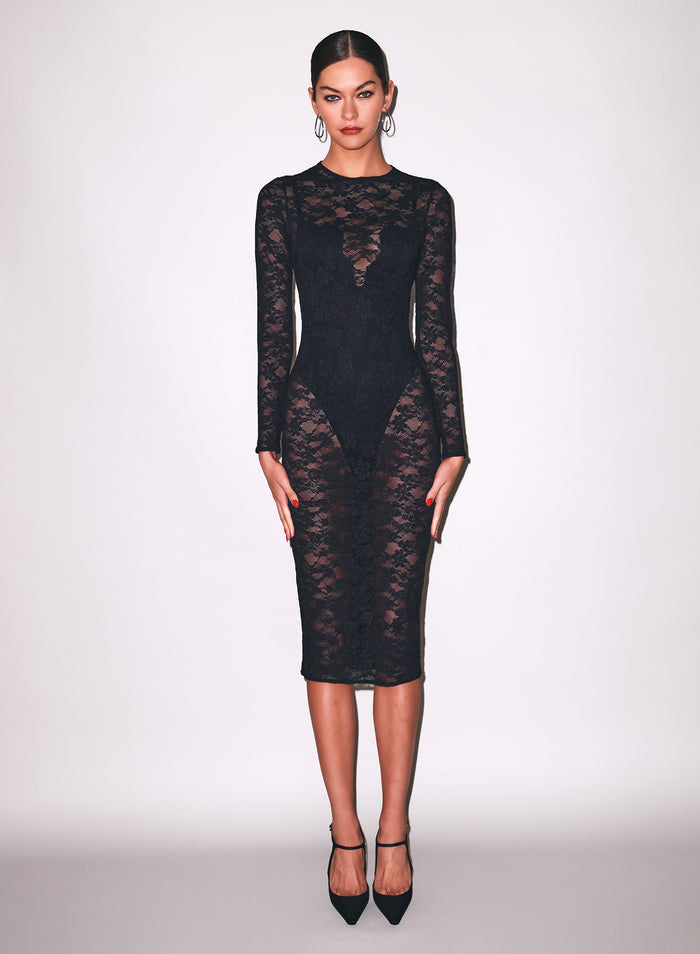 Le Stretch Lace Long Sleeve Dress-black