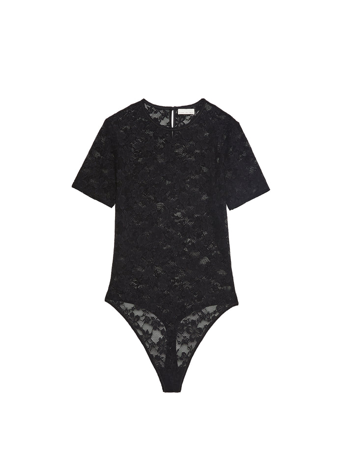 Le Stretch Lace Short Sleeve Bodysuit-black-flat