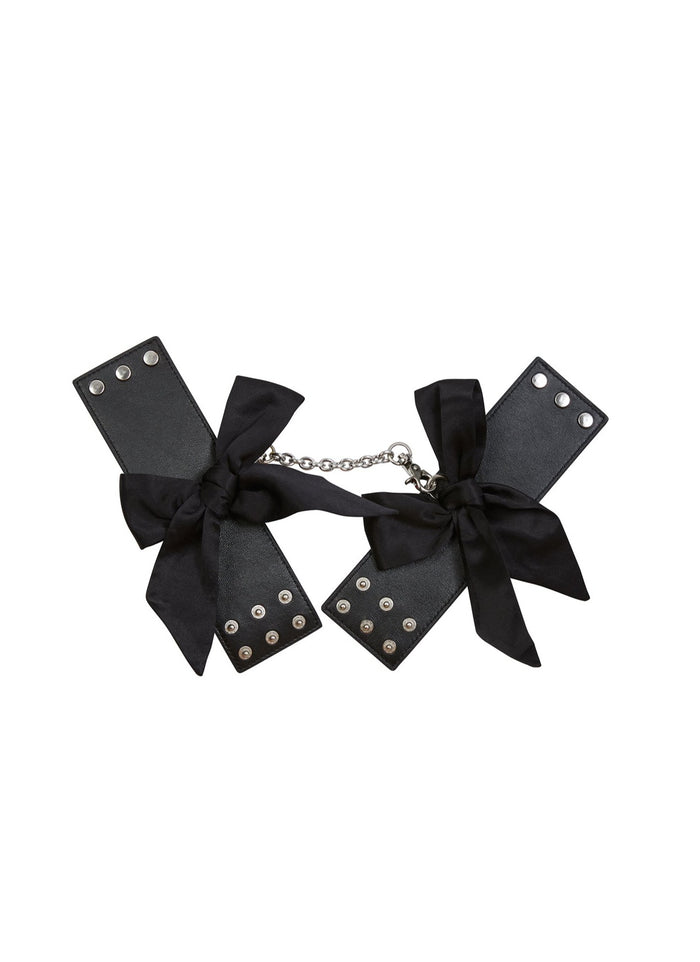 Leather Cuffs with Silk Bows-black-Fleur du Mal-flat