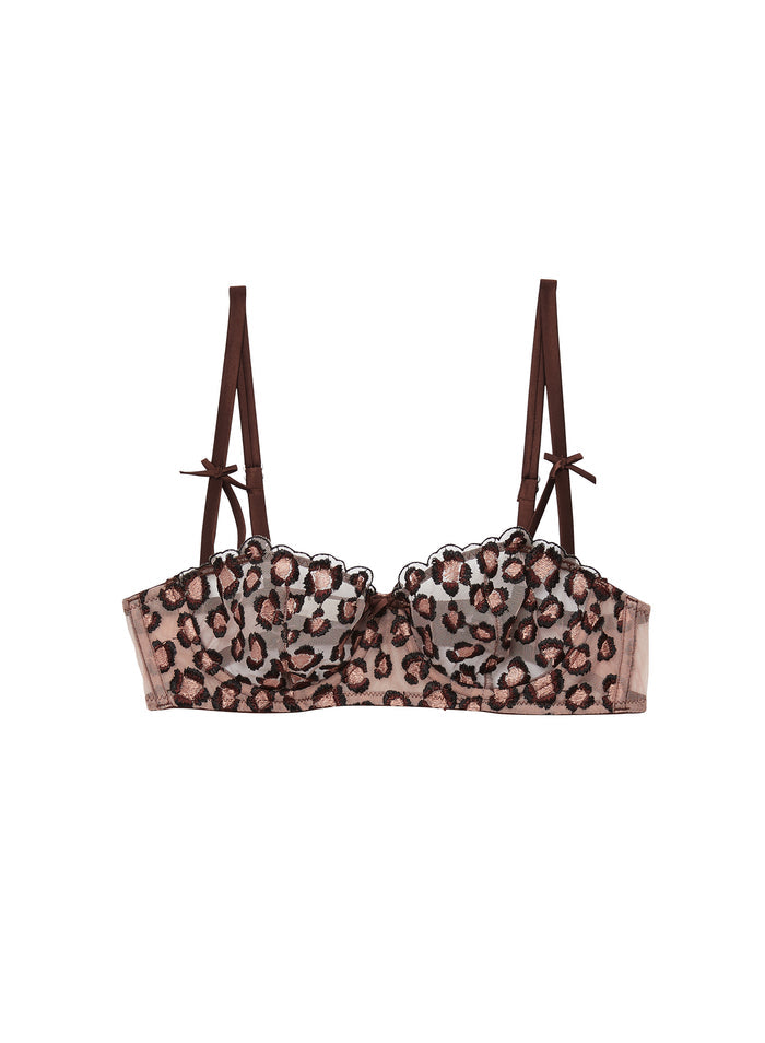 Leopard Embroidery Balconette Bra-chocolat-flat