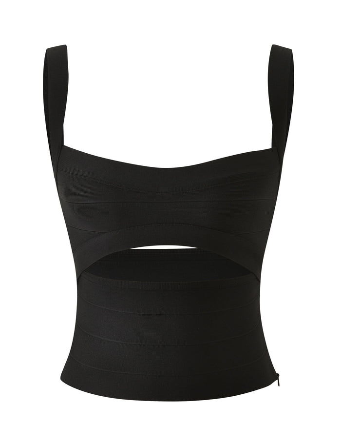 The LIEL BANDAGE TOP by TIGERMIST is a black sleeveless crop top with wide straps and a structured design, highlighted by a cutout below the bust. Crafted from sculpting bandage material, this top delivers a thick, fitted feel that enhances its modern and stylish bodycon silhouette.