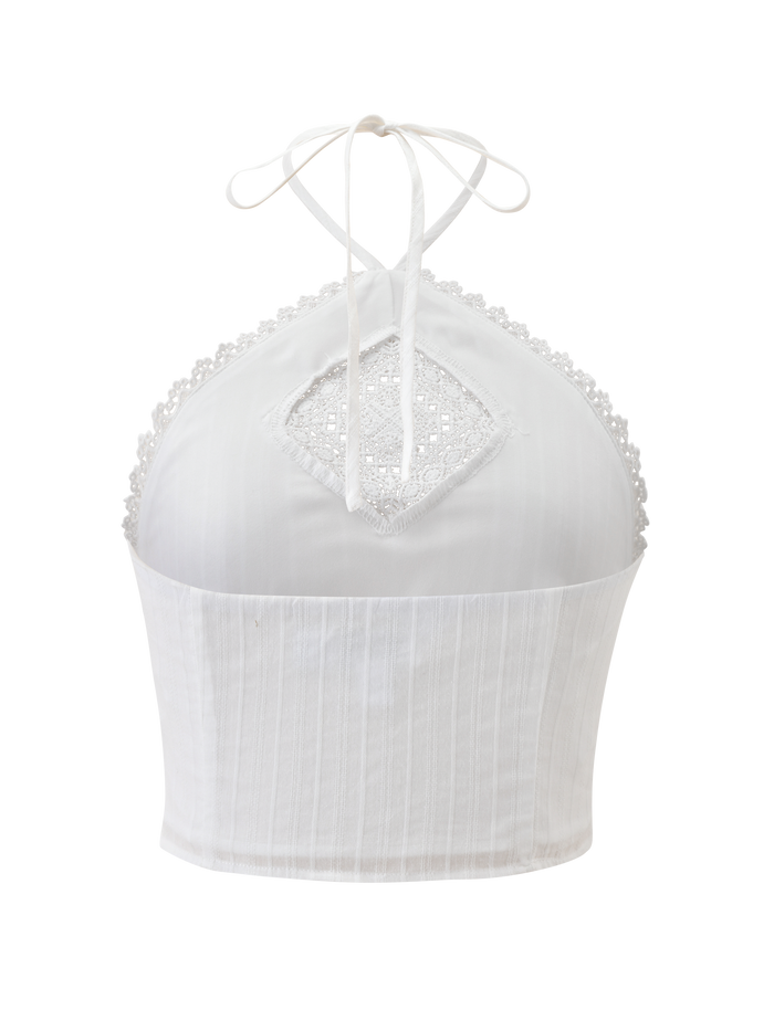 TIGERMIST LILETH TOP in white features a halter neck with a lace diamond cutout, scallop eyelet trim, vertical stripes on textured woven fabric, and thin tie straps at the neck.