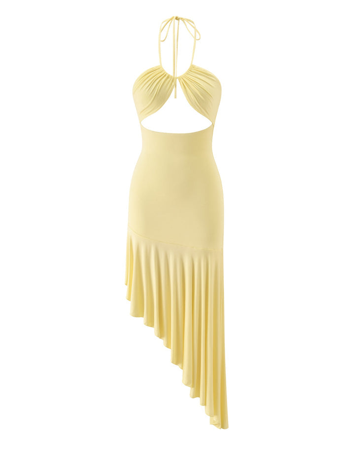 The LILIE MIDI DRESS in Butter Yellow by TIGERMIST showcases a timeless halter-neck silhouette with a ruched bust, stylish chest cutout, figure-flattering fitted waist, and an asymmetrical skirt that gracefully drapes longer on one side for an elegant touch.