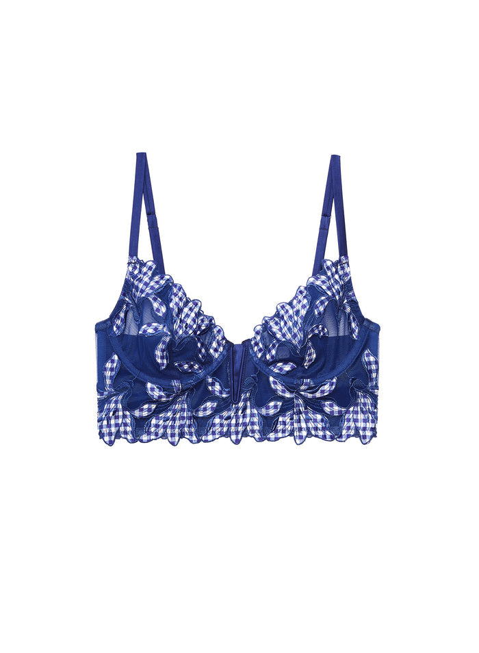 Lily Embroidery Longline Demi Bra-starry blue gingham-flat