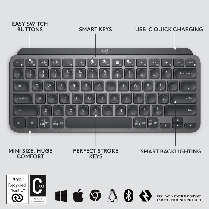 Logitech MX Keys Mini Wireless Keyboard - Graphite - شركة القيم العالمية للحاسبات