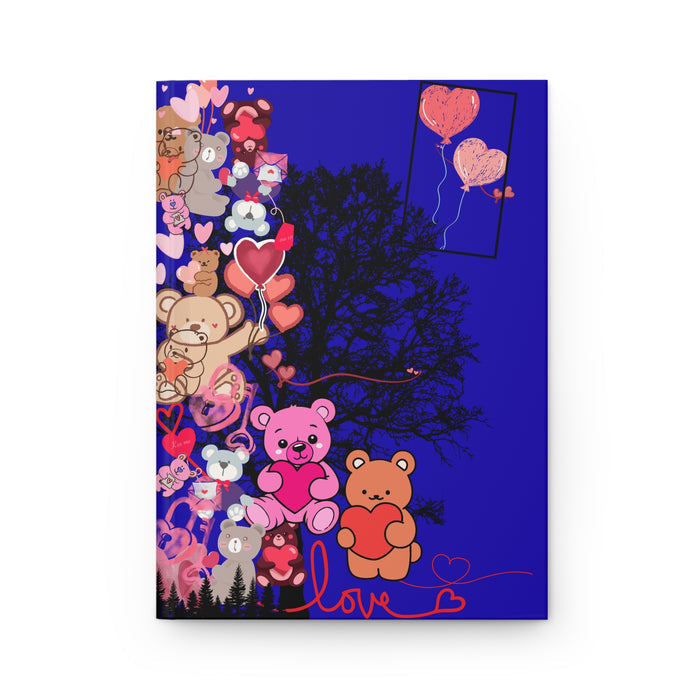 Love & Teddy Bear Journal featuring cute teddy bears and heart decorations on a vibrant blue background.