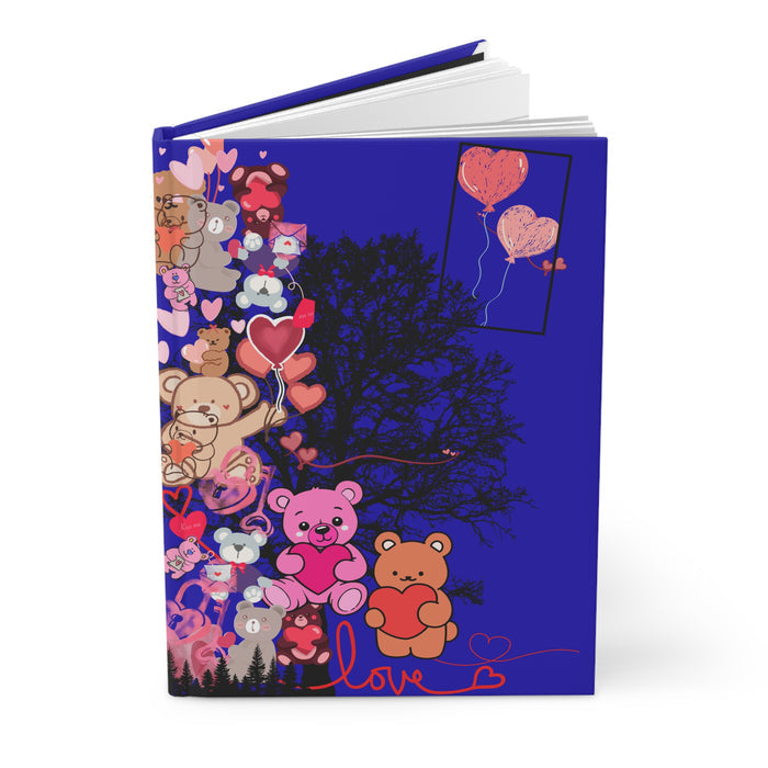 Love & Teddy Bear Journal featuring colorful teddy bears and hearts on a blue background.