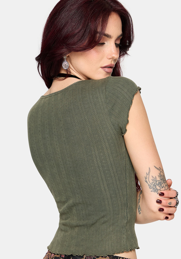 Lucera Short Sleeve Pointelle Scoop Neck Top - Khaki