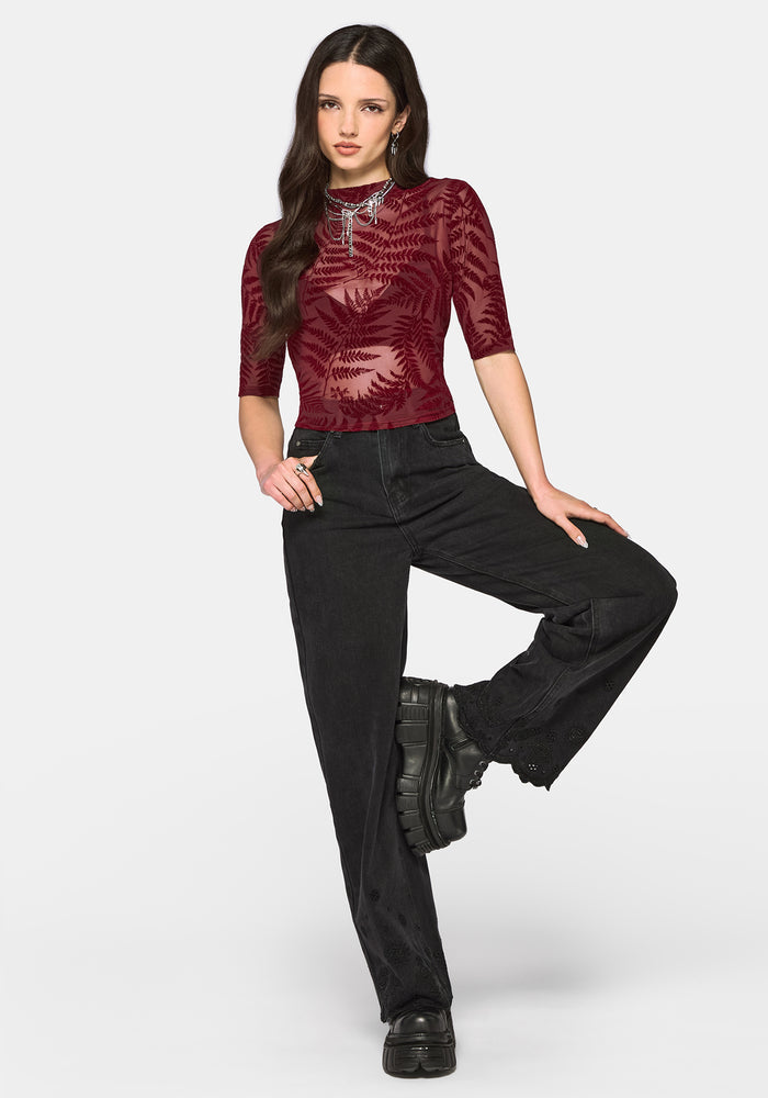 Lunafern Flocked Fern Short Sleeve Mesh Top - Burgundy