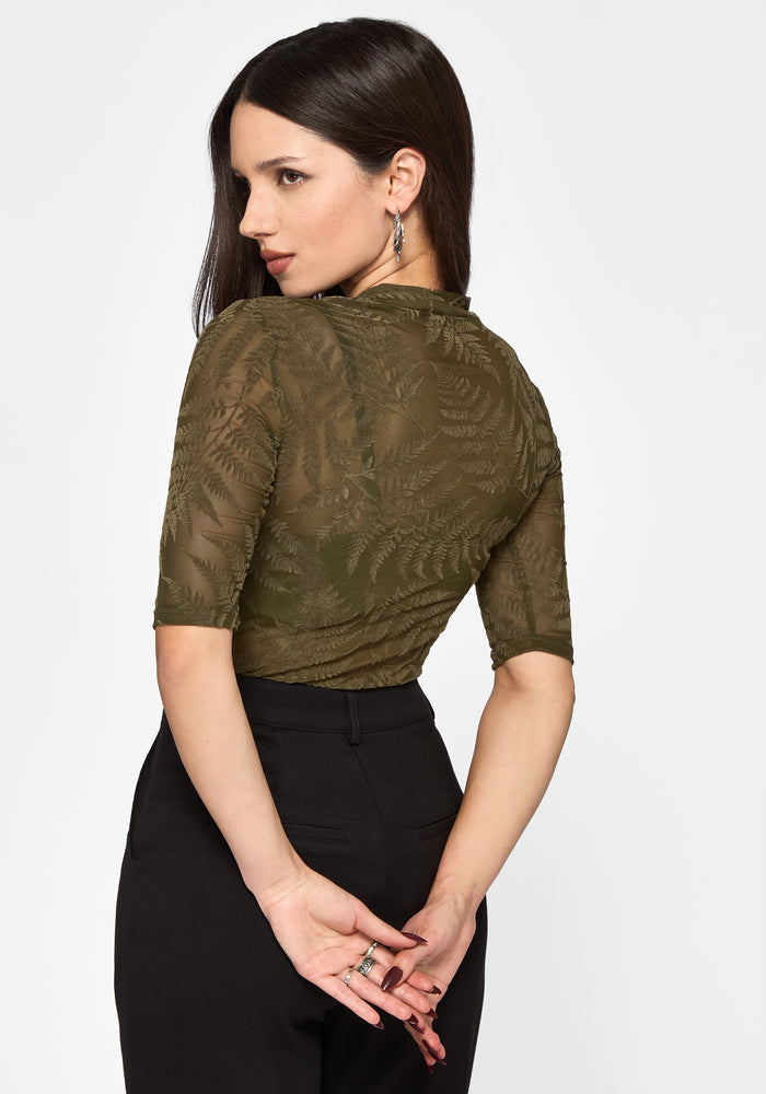 Lunafern Flocked Fern Short Sleeve Mesh Top - Green