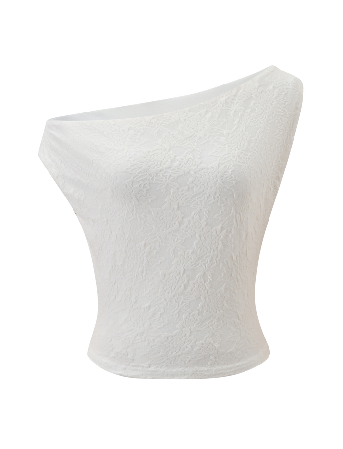 The MAVEN LACE TOP - IVORY by TIGERMIST is a white, sleeveless lace top with a form-fitting silhouette and cropped hemline, showcased against a plain background.