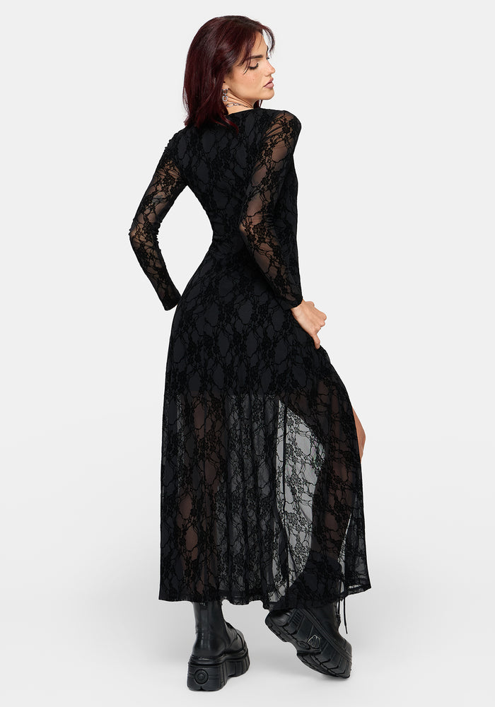 Melantha Flocked Mesh Lace Print Midaxi Dress