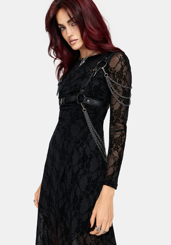 Melantha Flocked Mesh Lace Print Midaxi Dress