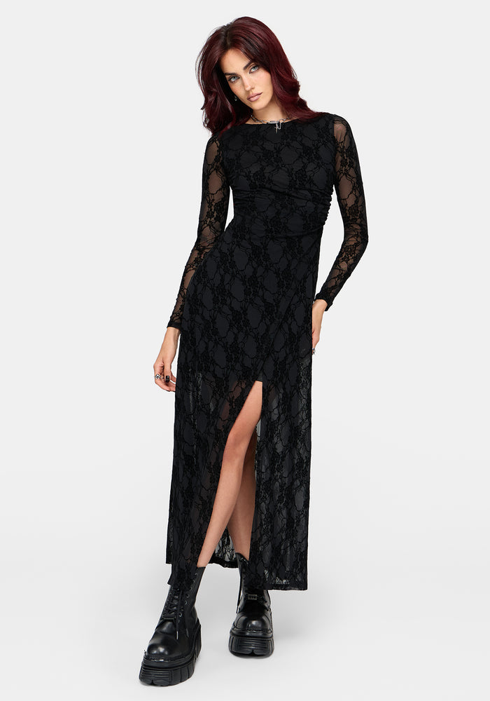 Melantha Flocked Mesh Lace Print Midaxi Dress