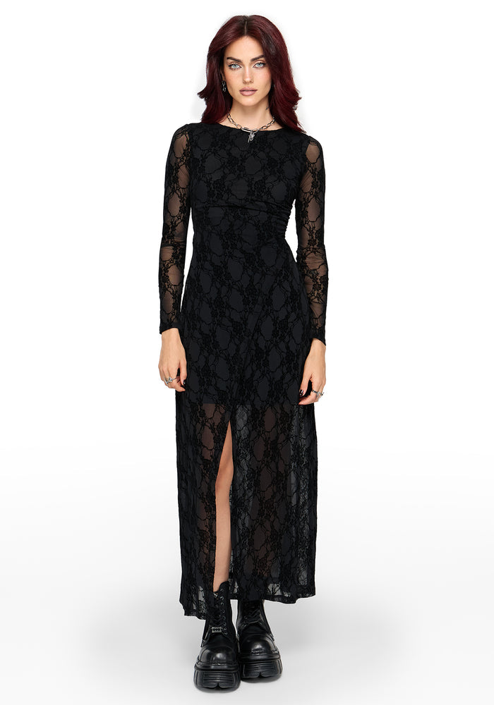Melantha Flocked Mesh Lace Print Midaxi Dress